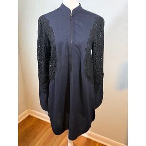 Akris Wool Circle Lace Embroidery Half Zip Tunic Dress Navy US 8 Italy